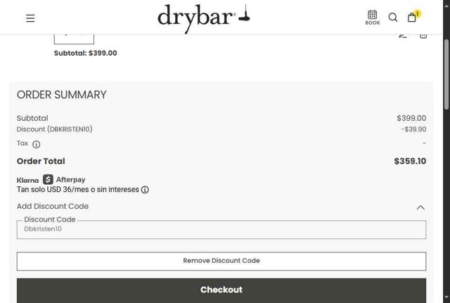 Drybar checkout page showing Drybar promo code box | Screenshot taken by SimplyCodes community member on Aug 16, 2025