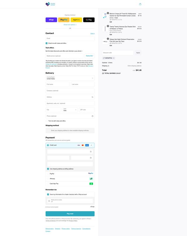 DryEye Rescue checkout page showing DryEye Rescue discount code box | Screenshot taken by SimplyCodes community member on Sep 13, 2025