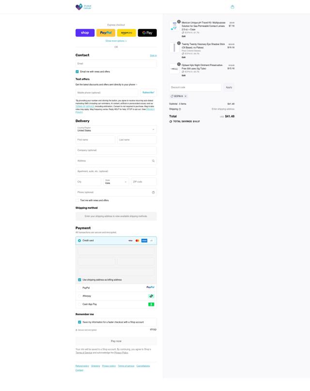 DryEye Rescue checkout page showing DryEye Rescue discount code box | Screenshot taken by SimplyCodes community member on Sep 13, 2025