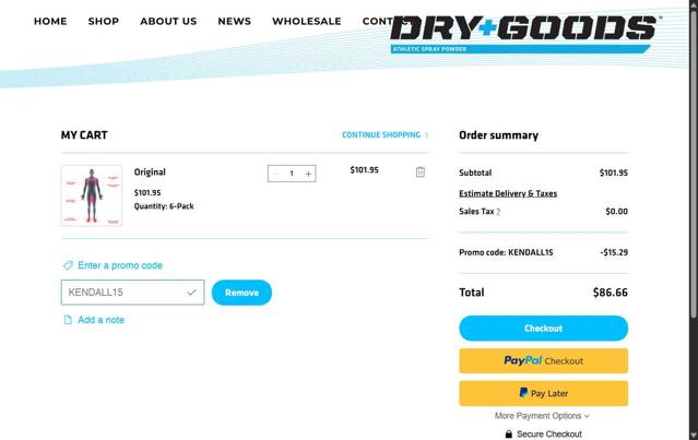 Dry Goods checkout page showing Dry Goods promo code box | Screenshot taken by SimplyCodes community member on Aug 6, 2025