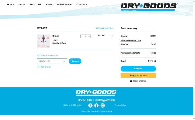 Dry Goods checkout page showing Dry Goods promo code box | Screenshot taken by SimplyCodes community member on Jul 10, 2025