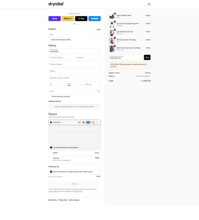 dryrobe USA checkout page showing dryrobe USA promo code box | Screenshot taken by SimplyCodes community member on Sep 7, 2025