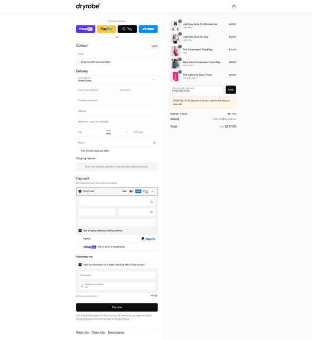 dryrobe USA checkout page showing dryrobe USA promo code box | Screenshot taken by SimplyCodes community member on Jul 22, 2025