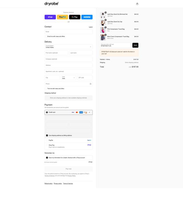 dryrobe USA checkout page showing dryrobe USA promo code box | Screenshot taken by SimplyCodes community member on Aug 30, 2025