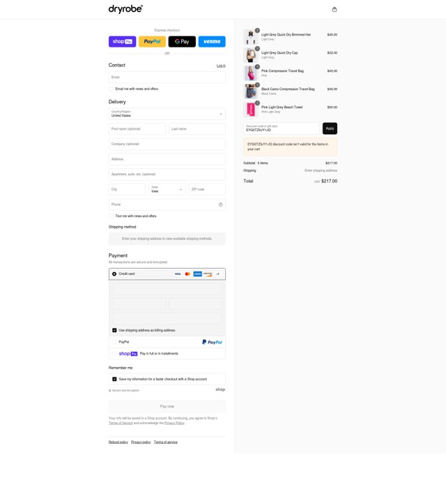 dryrobe USA checkout page showing dryrobe USA promo code box | Screenshot taken by SimplyCodes community member on Jul 26, 2025