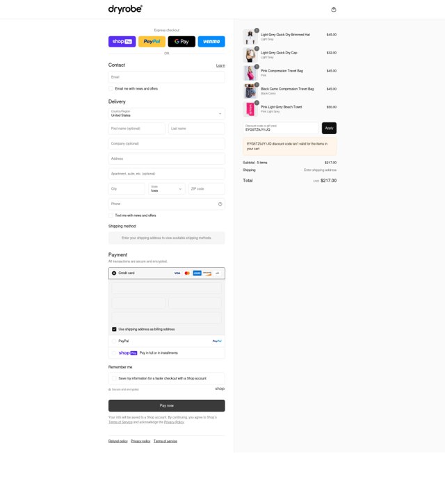 dryrobe USA checkout page showing dryrobe USA promo code box | Screenshot taken by SimplyCodes community member on Aug 12, 2025