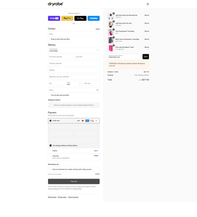 dryrobe USA checkout page showing dryrobe USA promo code box | Screenshot taken by SimplyCodes community member on Aug 22, 2025