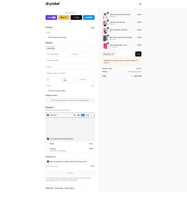 dryrobe USA checkout page showing dryrobe USA promo code box | Screenshot taken by SimplyCodes community member on Aug 26, 2025