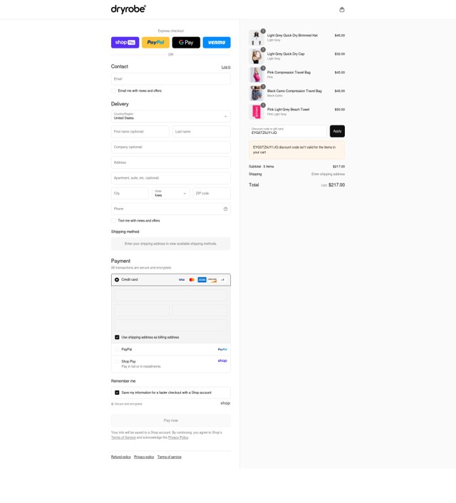dryrobe USA checkout page showing dryrobe USA promo code box | Screenshot taken by SimplyCodes community member on Aug 26, 2025