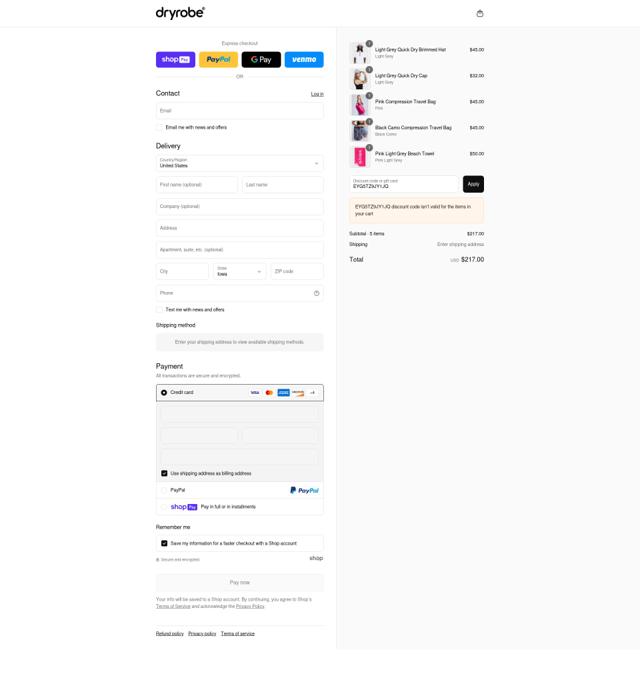 dryrobe USA checkout page showing dryrobe USA promo code box | Screenshot taken by SimplyCodes community member on Aug 8, 2025