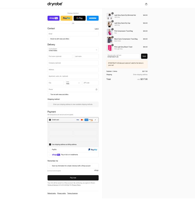 dryrobe USA checkout page showing dryrobe USA promo code box | Screenshot taken by SimplyCodes community member on Jul 18, 2025