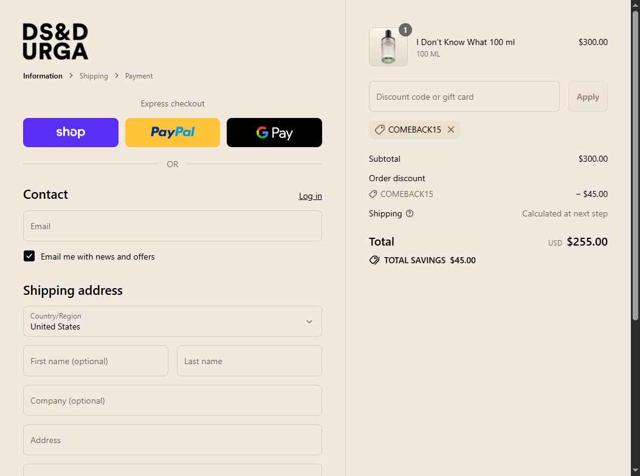 D.S. & DURGA checkout page showing D.S. & DURGA promo code box | Screenshot taken by SimplyCodes community member on Sep 9, 2025