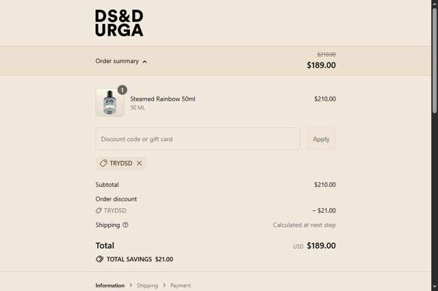 D.S. & DURGA checkout page showing D.S. & DURGA promo code box | Screenshot taken by SimplyCodes community member on Aug 7, 2025
