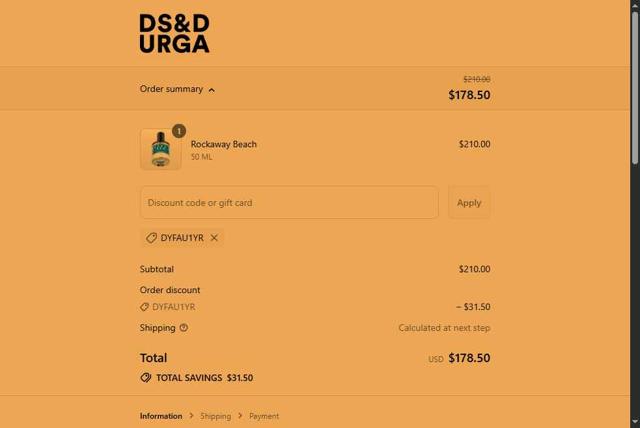 D.S. & DURGA checkout page showing D.S. & DURGA promo code box | Screenshot taken by SimplyCodes community member on Aug 7, 2025