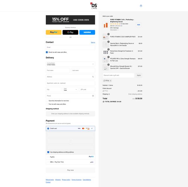 DS Laboratories checkout page showing DS Laboratories coupon code box | Screenshot taken by SimplyCodes community member on Sep 12, 2025