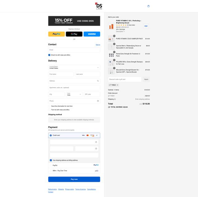DS Laboratories checkout page showing DS Laboratories coupon code box | Screenshot taken by SimplyCodes community member on Sep 12, 2025