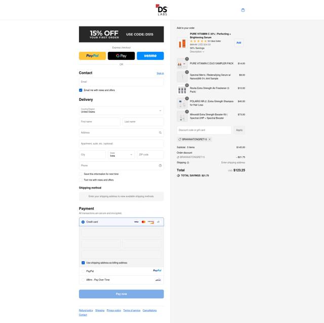 DS Laboratories checkout page showing DS Laboratories coupon code box | Screenshot taken by SimplyCodes community member on Sep 12, 2025