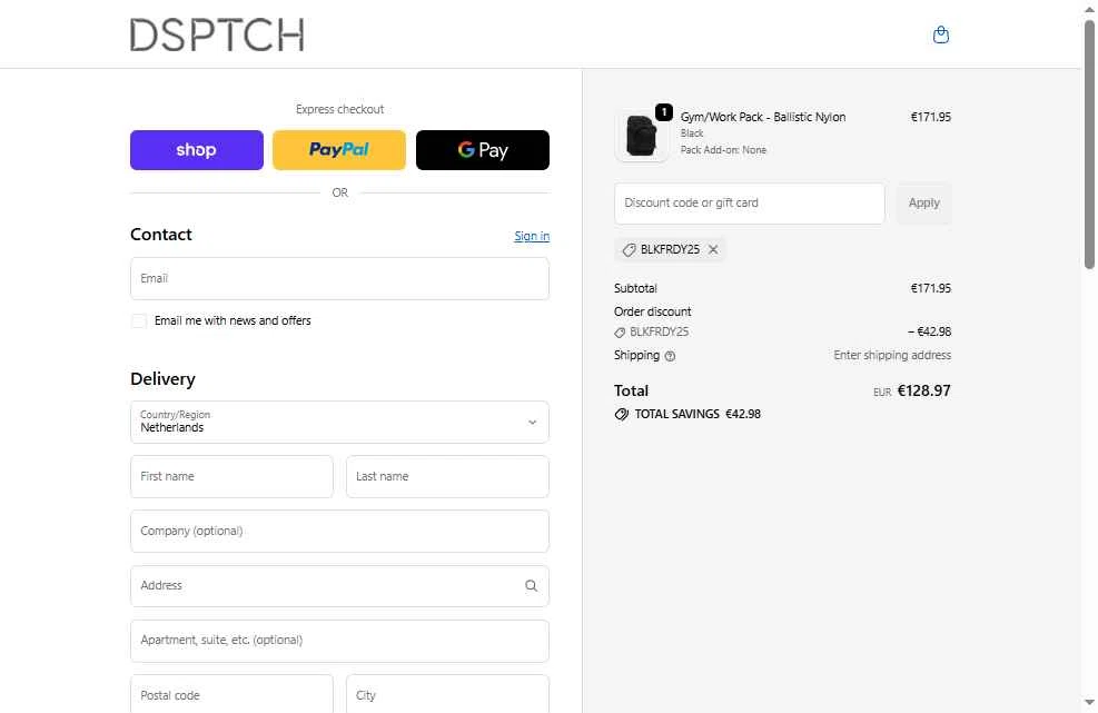 Dsptch checkout page showing Dsptch discount code box | Screenshot taken by SimplyCodes community member on Nov 28, 2025