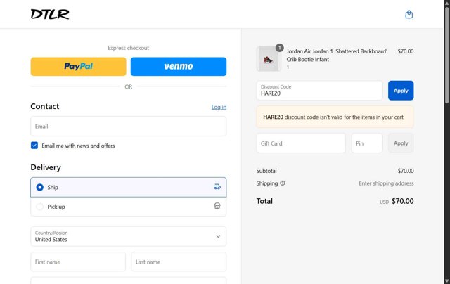 DTLR checkout page showing DTLR discount code box | Screenshot taken by SimplyCodes community member on Aug 25, 2025