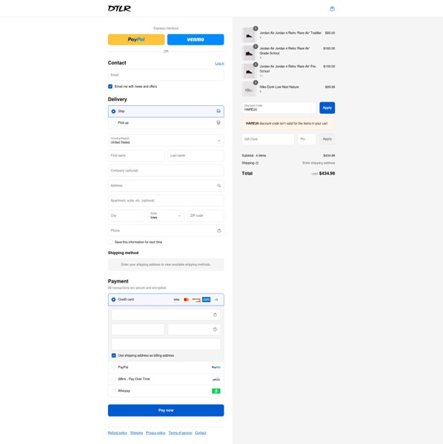 DTLR checkout page showing DTLR discount code box | Screenshot taken by SimplyCodes community member on Aug 27, 2025