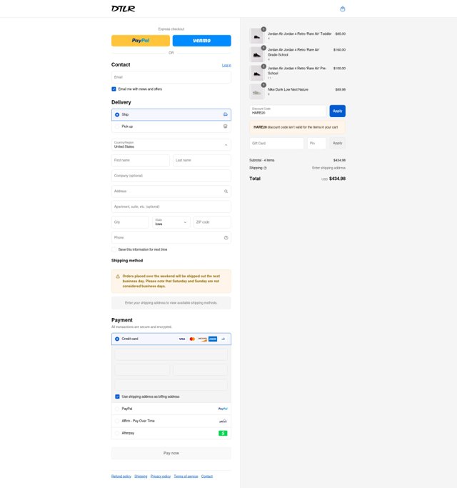 DTLR checkout page showing DTLR discount code box | Screenshot taken by SimplyCodes community member on Aug 23, 2025