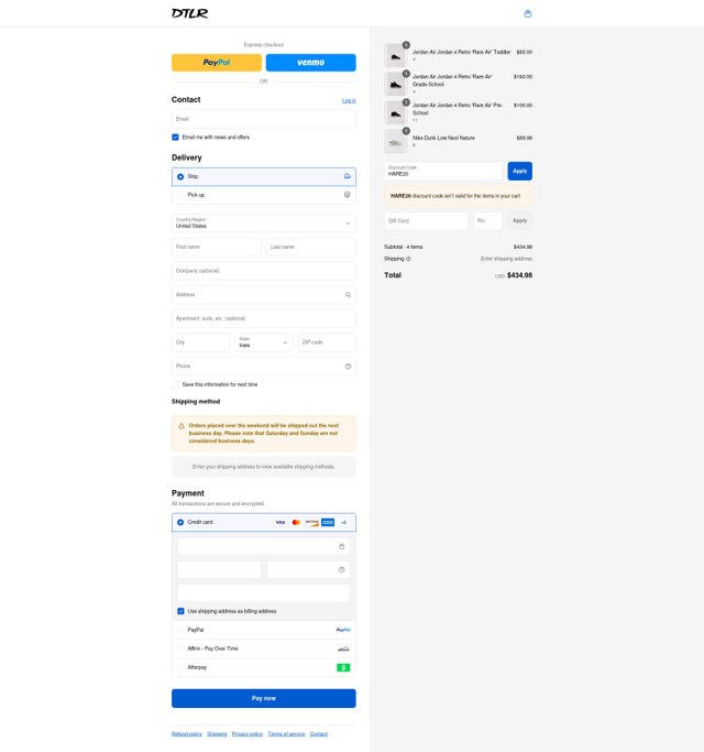DTLR checkout page showing DTLR discount code box | Screenshot taken by SimplyCodes community member on Aug 16, 2025