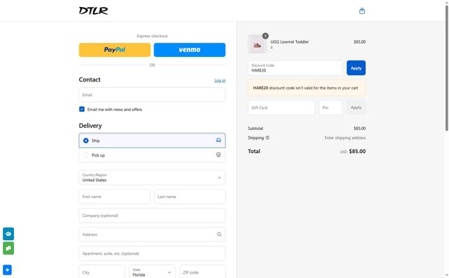 DTLR checkout page showing DTLR discount code box | Screenshot taken by SimplyCodes community member on Aug 28, 2025