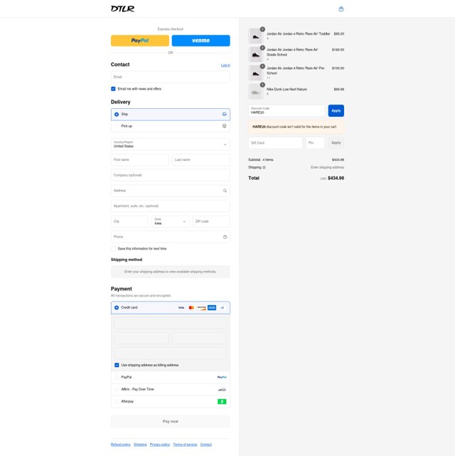DTLR checkout page showing DTLR discount code box | Screenshot taken by SimplyCodes community member on Aug 15, 2025