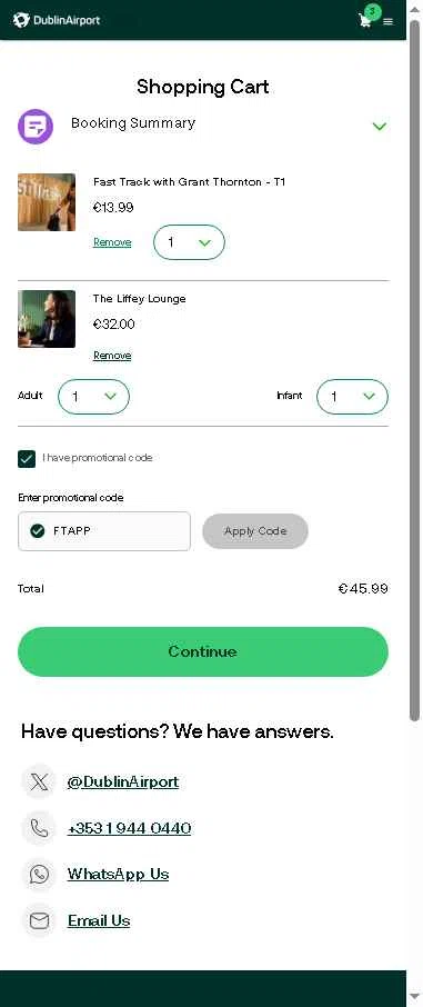 Dublin Airport checkout page showing Dublin Airport promo code box | Screenshot taken by SimplyCodes community member on Sep 14, 2025