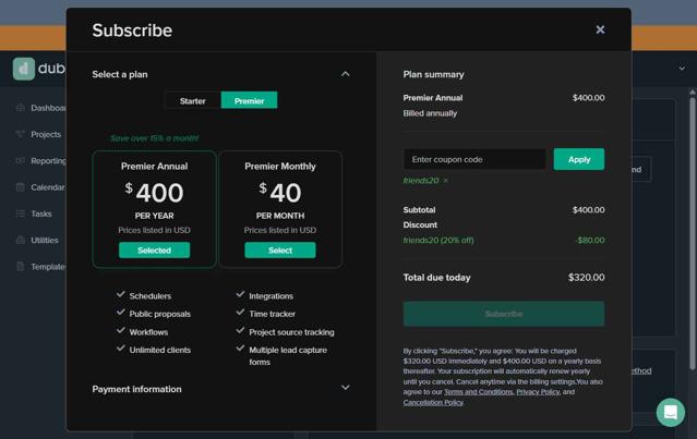 Dubsado checkout page showing Dubsado coupon code box | Screenshot taken by SimplyCodes community member on Sep 14, 2025