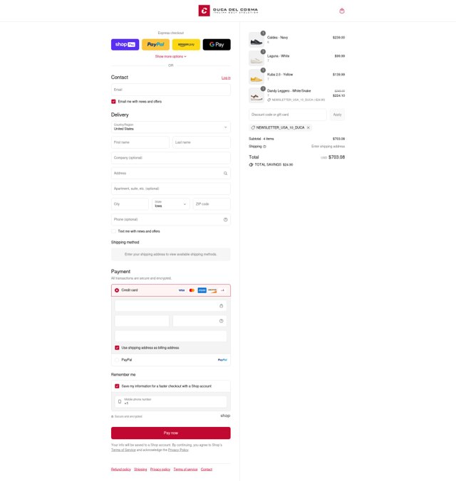 Duca Del Cosma US checkout page showing Duca Del Cosma US promo code box | Screenshot taken by SimplyCodes community member on Aug 17, 2025