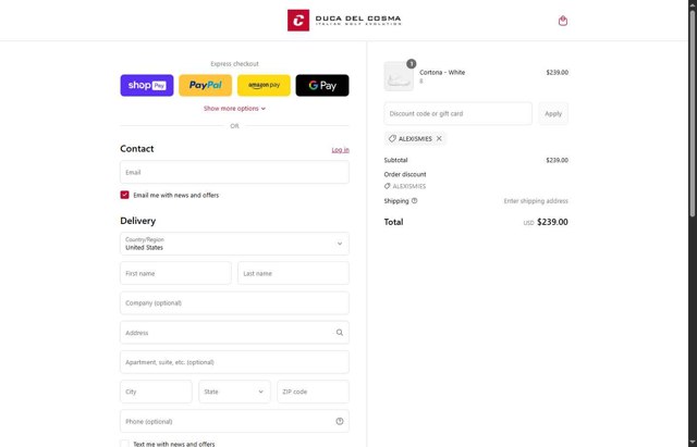 Duca Del Cosma US checkout page showing Duca Del Cosma US promo code box | Screenshot taken by SimplyCodes community member on Aug 16, 2025