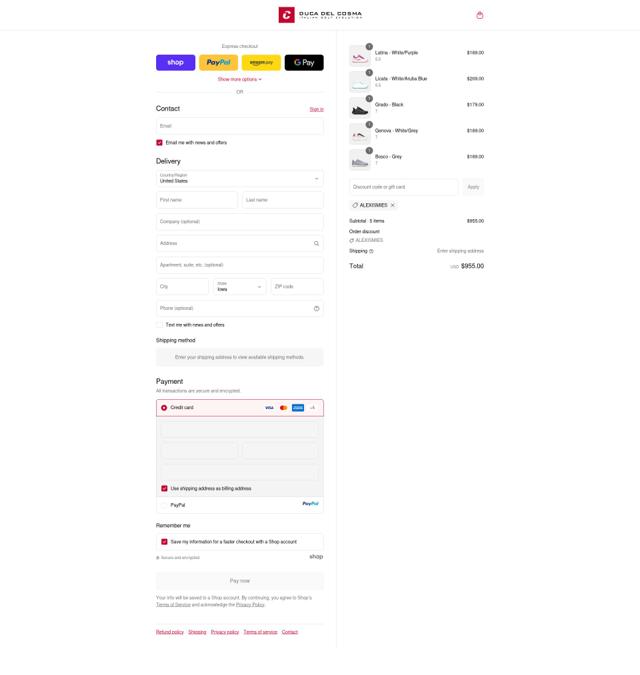 Duca Del Cosma US checkout page showing Duca Del Cosma US promo code box | Screenshot taken by SimplyCodes community member on Sep 12, 2025