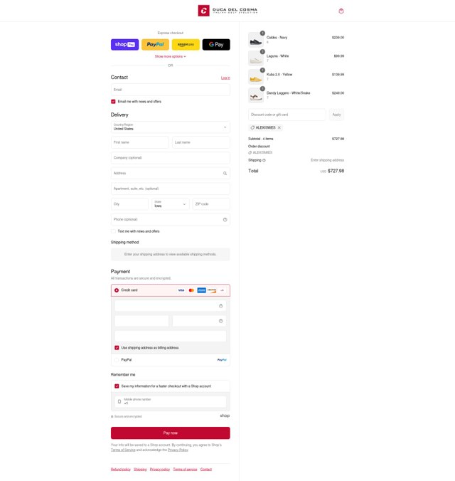 Duca Del Cosma US checkout page showing Duca Del Cosma US promo code box | Screenshot taken by SimplyCodes community member on Aug 22, 2025