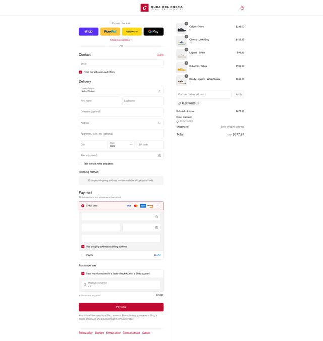 Duca Del Cosma US checkout page showing Duca Del Cosma US promo code box | Screenshot taken by SimplyCodes community member on Aug 13, 2025