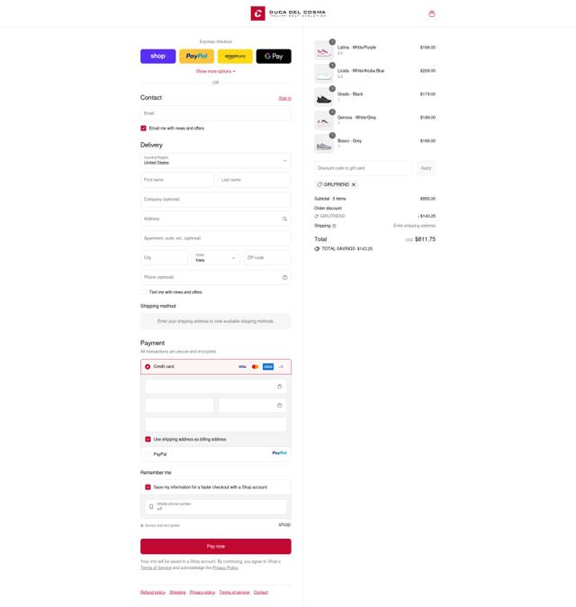 Duca Del Cosma US checkout page showing Duca Del Cosma US promo code box | Screenshot taken by SimplyCodes community member on Sep 12, 2025