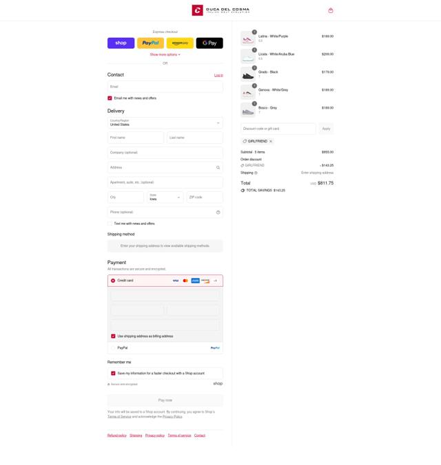 Duca Del Cosma US checkout page showing Duca Del Cosma US promo code box | Screenshot taken by SimplyCodes community member on Sep 4, 2025
