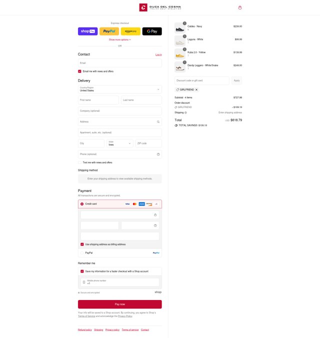 Duca Del Cosma US checkout page showing Duca Del Cosma US promo code box | Screenshot taken by SimplyCodes community member on Aug 27, 2025