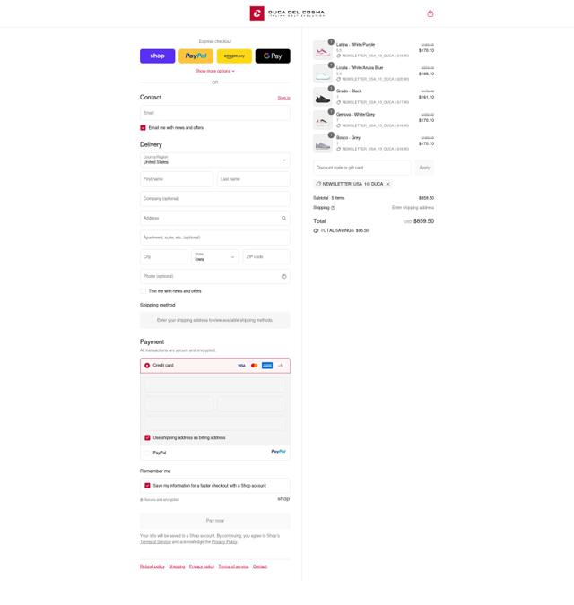 Duca Del Cosma US checkout page showing Duca Del Cosma US promo code box | Screenshot taken by SimplyCodes community member on Sep 12, 2025