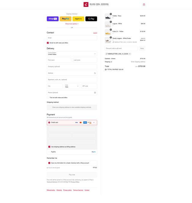 Duca Del Cosma US checkout page showing Duca Del Cosma US promo code box | Screenshot taken by SimplyCodes community member on Aug 22, 2025