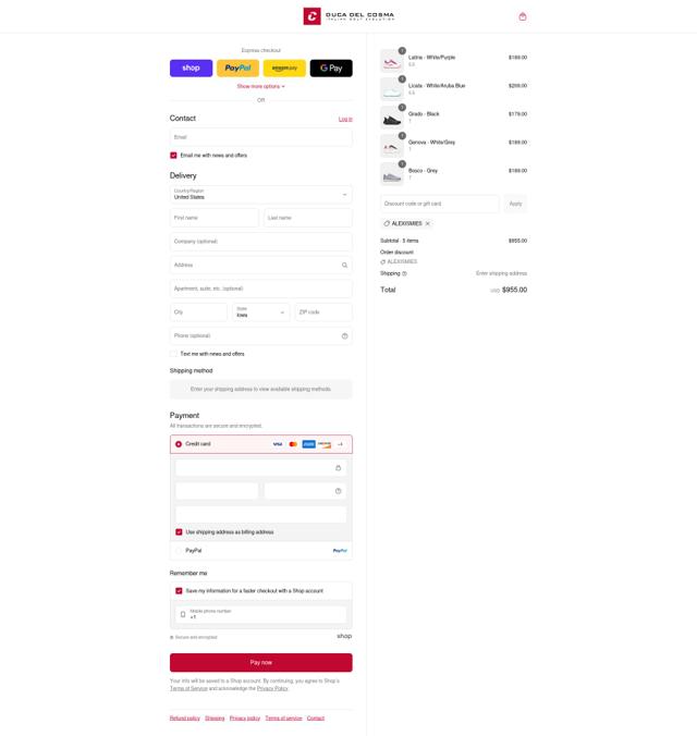 Duca Del Cosma US checkout page showing Duca Del Cosma US promo code box | Screenshot taken by SimplyCodes community member on Aug 31, 2025