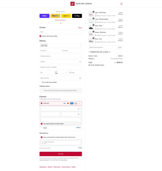 Duca Del Cosma US checkout page showing Duca Del Cosma US promo code box | Screenshot taken by SimplyCodes community member on Sep 8, 2025