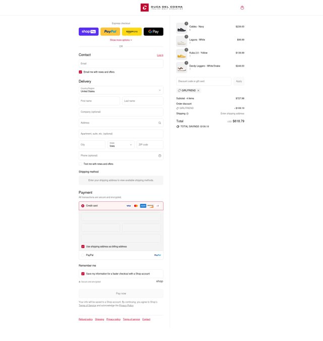 Duca Del Cosma US checkout page showing Duca Del Cosma US promo code box | Screenshot taken by SimplyCodes community member on Aug 15, 2025