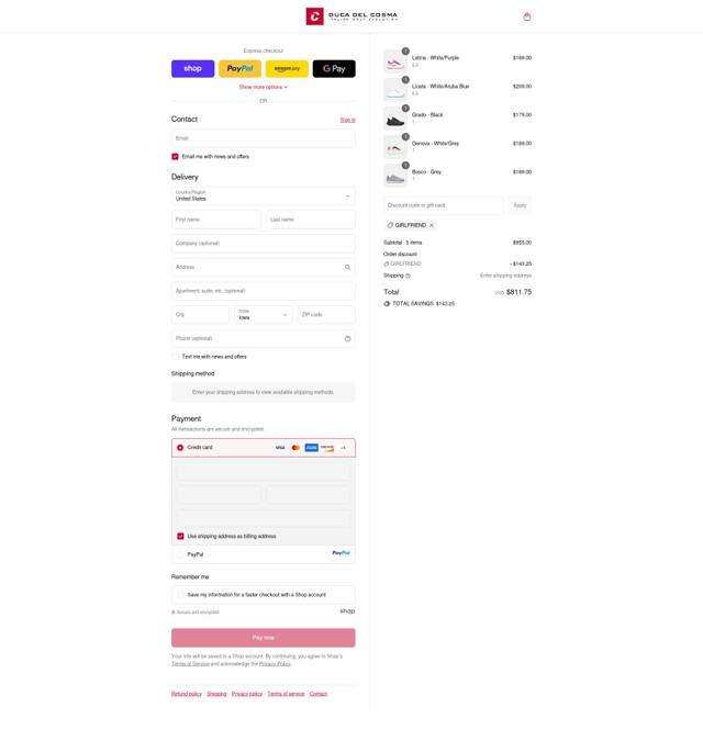 Duca Del Cosma US checkout page showing Duca Del Cosma US promo code box | Screenshot taken by SimplyCodes community member on Sep 8, 2025