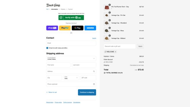 Duck Camp checkout page showing Duck Camp discount code box | Screenshot taken by SimplyCodes community member on Aug 8, 2025