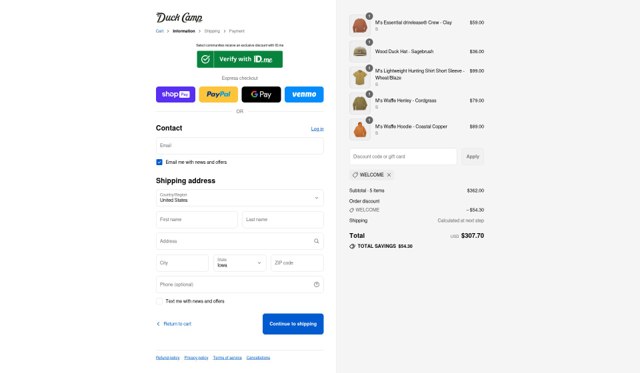 Duck Camp checkout page showing Duck Camp discount code box | Screenshot taken by SimplyCodes community member on Aug 26, 2025