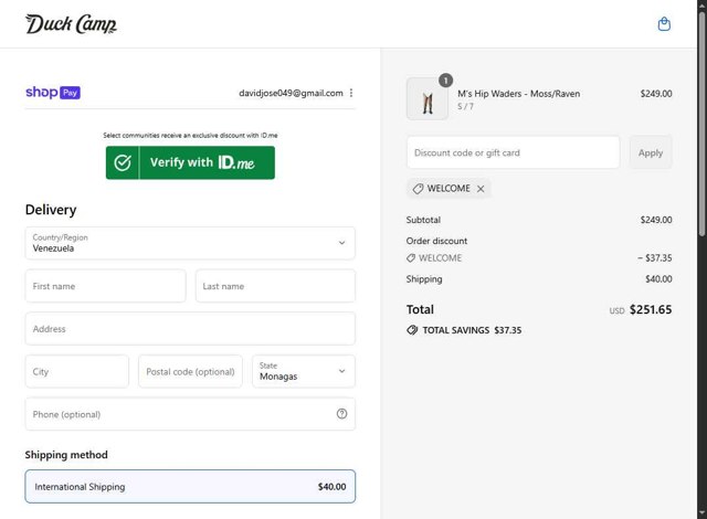 Duck Camp checkout page showing Duck Camp discount code box | Screenshot taken by SimplyCodes community member on Aug 21, 2025