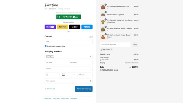 Duck Camp checkout page showing Duck Camp discount code box | Screenshot taken by SimplyCodes community member on Aug 13, 2025