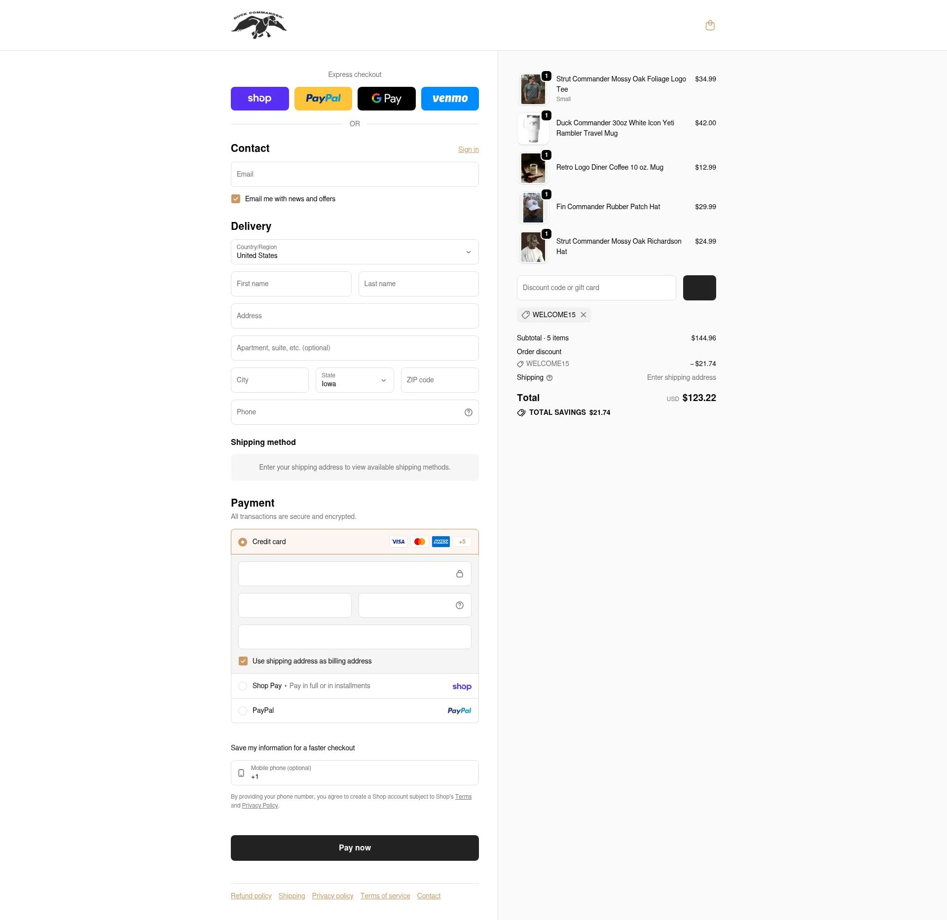 Duck Commander checkout page showing Duck Commander promo code box | Screenshot taken by SimplyCodes community member on Feb 18, 2026
