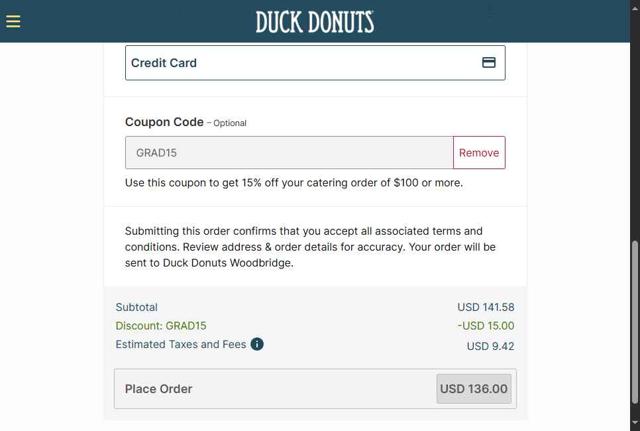 Duck Donuts checkout page showing Duck Donuts promo code box | Screenshot taken by SimplyCodes community member on Jun 4, 2025